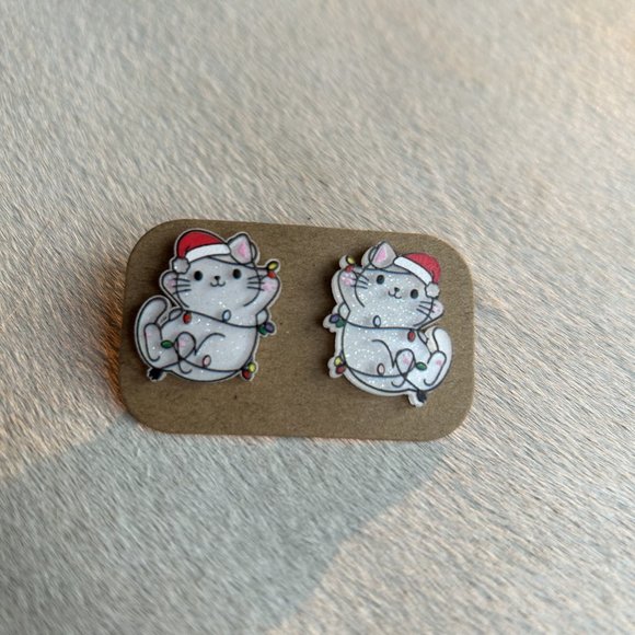 Cat Christmas Ear Post Stud Earrings Silver Tone Multicolor-Acrylic - Picture 2 of 3